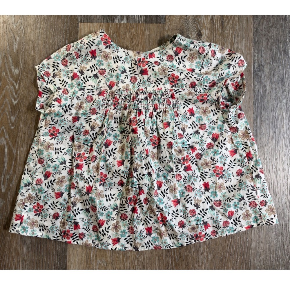 Bonton Floral Blouse Girls 8 Multicolor Smocked Cotton Short Sleeve Top